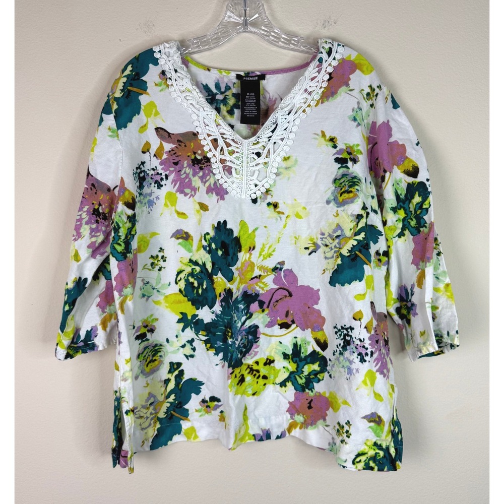Premise Top Women XL Floral Crochet V-Neck Linen Blend Boho White Multi 1063B